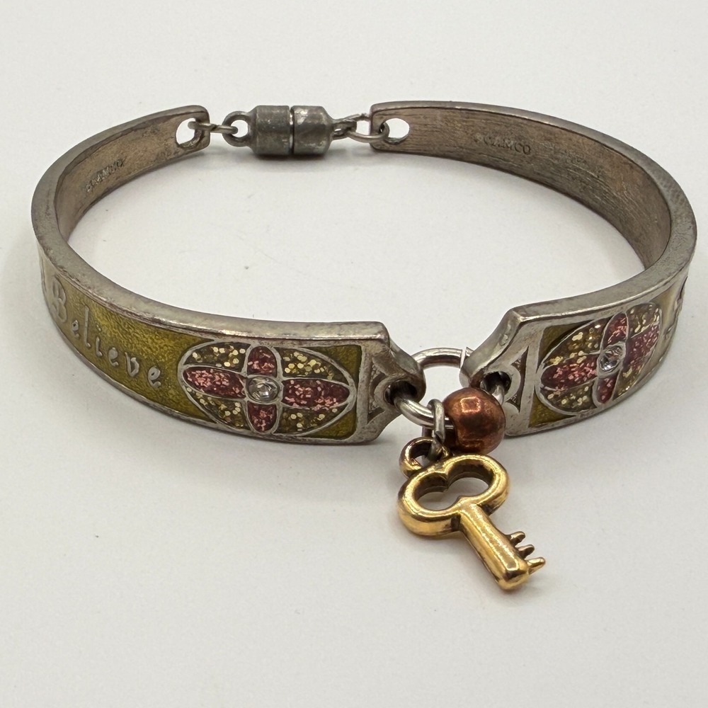 Faith Believe Key Charm Cuff Bracelet Silver Tone Enamel Vintage Statement Gift